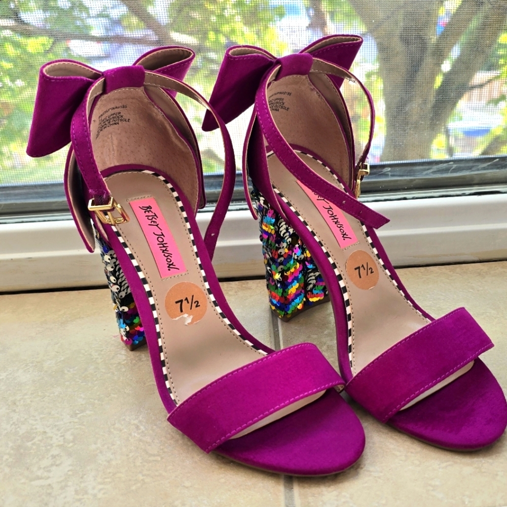 Betsey Johnson Fuchsia with Multicolor Sequin Block Heel